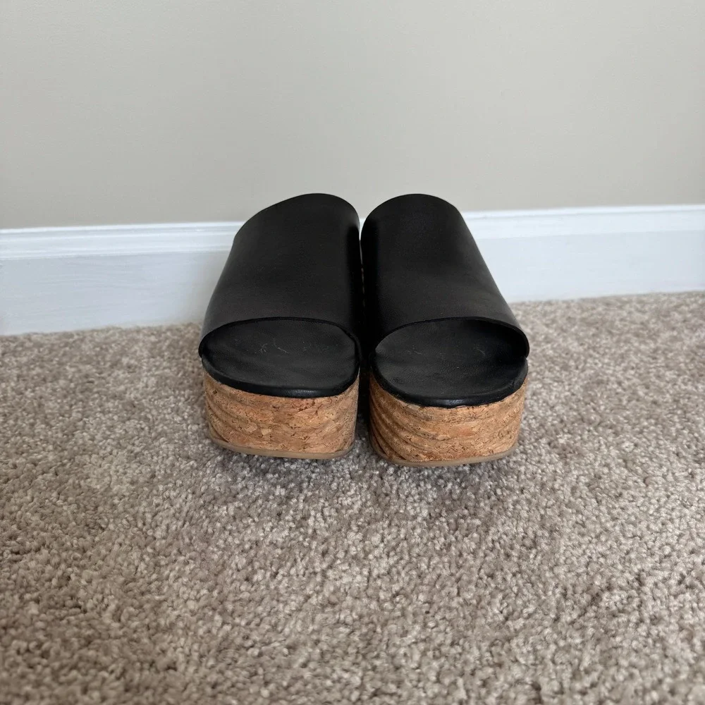 Jeffrey Campbell Black Leather Cork Platform Wedge Slide Sandals Mules Size 39